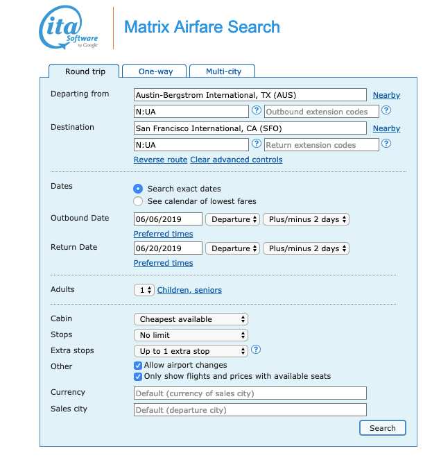 advanced searching on  ITA Matrix
