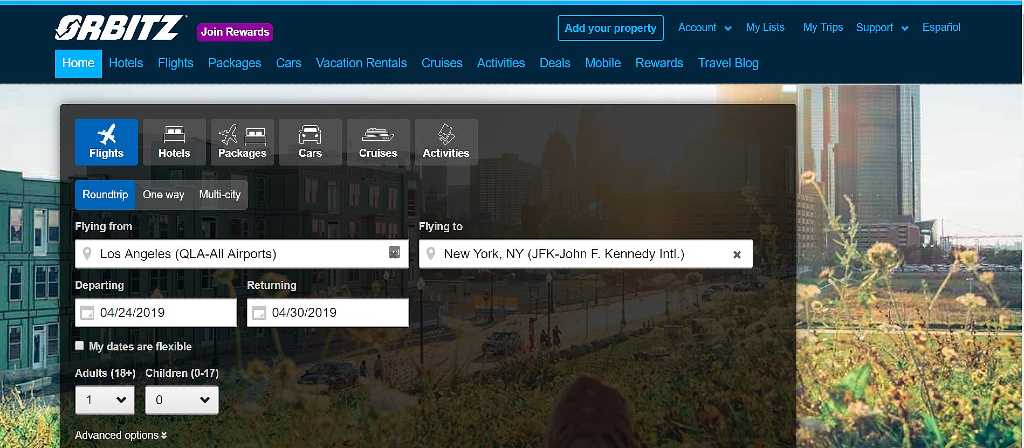 selecting flights and inputting locations on Orbitz