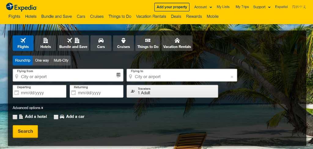 selecting trip type on Expedia 