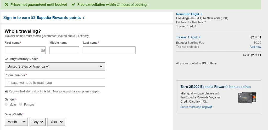 adding personal info on Expedia 
