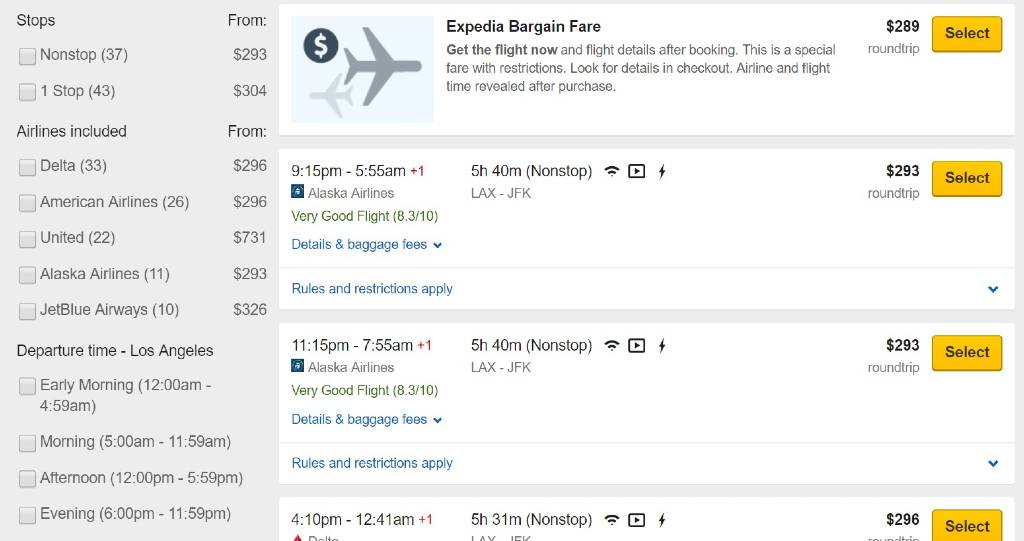 filtering results on Expedia 