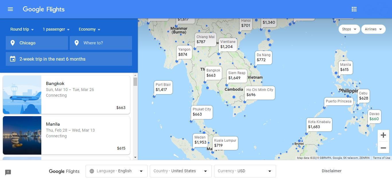 asia map view in google flights