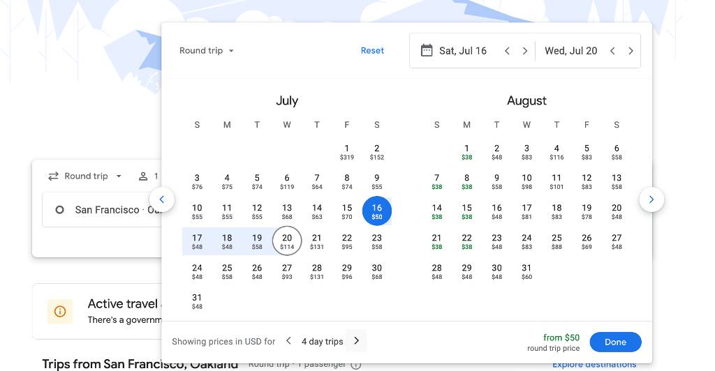 viewing flights by month in Google Flights.