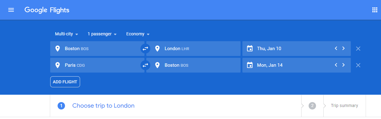 multi-city flight search on google flights